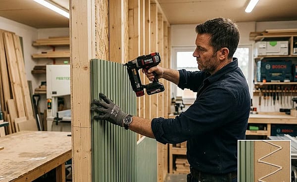 A man installing green fluted wall panels with a nail gun in a woodworking shop.