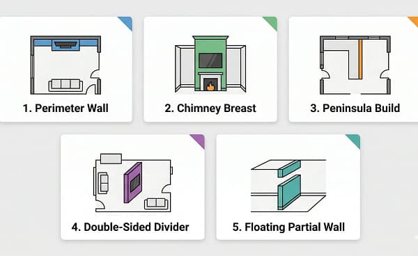 Infographic overview diagram showing five types of open plan media wall builds: perimeter wall, chimney breast, peninsula, double-sided divider, and floating partial wall.