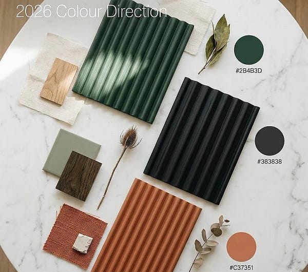 A curated design mood board featuring fluted panels, fabrics, wood, and botanicals, with the text "2026 Colour Direction".